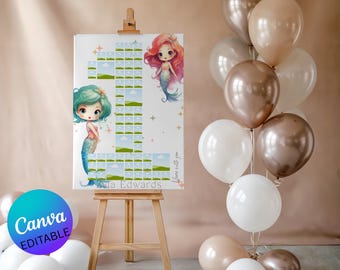 May include: A canvas print on an easel featuring the number 1 with mermaid illustrations and a collage of small images. The print is surrounded by a cluster of white, gold, and brown balloons. The text "Canva EDITABLE" is visible.