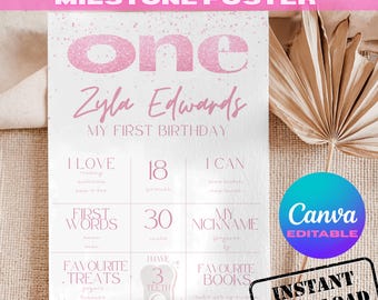 Pink Glitter First Birthday Milestone Board • Photo Collage (Canva Template)