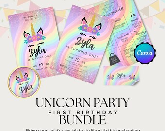 May include: A unicorn-themed party bundle with invitations, a sticker, and a game card. The invitations and sticker feature a unicorn design with the name "Zyla" and the text "IS TURNING ONE!" on a rainbow background. The bundle includes a Canva logo.