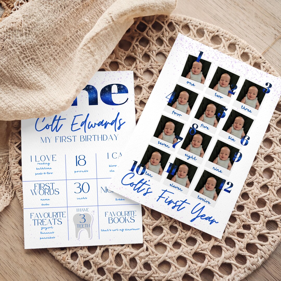 Blue Glitter First Birthday Milestone Board • 12 Month Photo Sign ...