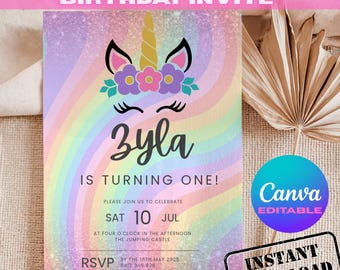 Invitación de cumpleaños de unicornio mágico / Plantilla editable de Canva / Invitación de fiesta arcoíris en tonos pastel / Imprimible para cumpleaños de niñas
