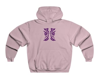 Sudadera con capucha y máscara tribal dibujada a mano / Gráfico morado simétrico