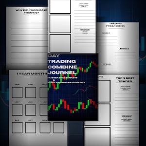 Könnte beinhalten: Eine Sammlung weißer Papierseiten mit Text und Diagrammen, die zur Verfolgung von Handelsaktivitäten dienen. Die Seiten enthalten Abschnitte zur Aufzeichnung von Trades, zur Analyse der Performance und zur Planung von Strategien. Die zentrale Seite zeigt den Text "DAY TRADING COMBINE JOURNEL".