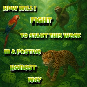 May include: Digital art of a lush green jungle scene with a butterfly, parrot, sloth, and jaguar. Text reads: "How will I fight to start this week in a positive honest way."