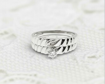 Sterling Silver Engagement Ring Set • Cubic Zirconia Bridal Wedding Band Duo