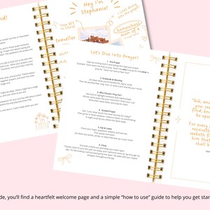 May include: Open journal with gold spiral binding. The left page reads "Welcome Friend!" and the right page says "Let's Dive into Prayer!" with a list of steps. The journal includes text and illustrations.