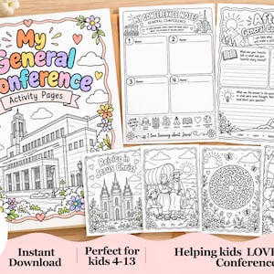 May include: A 58-page activity book titled My General Conference Activity Pages featuring black and white line art illustrations of a temple, religious scenes, a maze, and note-taking templates with floral borders and colorful text accents.