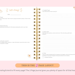 May include: Open journal with gold spiral binding. The left page has the text "Let's Pray!" and prompts for prayer, gratitude, and who to pray for. The right page has prompts for guided prayer, asking and listening, and closing. The text "THIS IS THE 2 PAGE LAYOUT" is at the bottom.