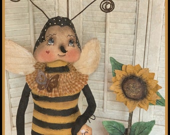 Primitive Bee and Sunflower Pattern, Make-Do, E PATTERN, Spring Pattern, Busy Bee & Sunflower