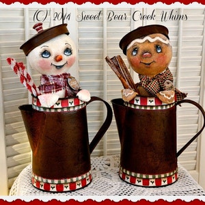 Primitive Snowman and Gingerbread Pattern, pdf Holiday E pattern, coffee pot cuties, PDF digital download pattern, sewing pattern