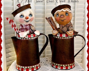 Primitive Snowman and Gingerbread Pattern, pdf Holiday E pattern, coffee pot cuties, PDF digital download pattern, sewing pattern