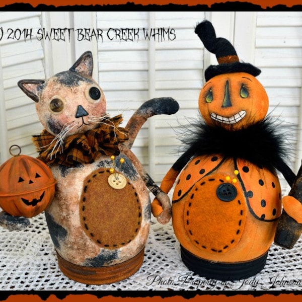 Primitive Fall or Halloween EPattern. Cat and Pumpkin pattern.  Pin-keep pattern, Pin Cushion pattern, Doll Pattern,