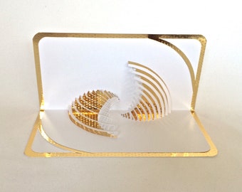 YIN-YANG Pop Up 3D Card in White & Gold Origamic Architecture w/Intricate Cuts Home Decoration Handmade One Of A Kind