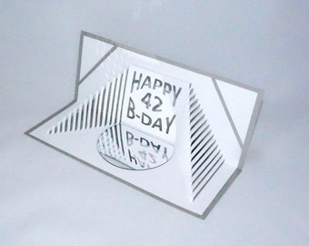 HAPPY B-Day PERSONALIZED Handmade Custom Order STAiRS 2 Love Pop Up 3D Card w/ReFLECTION in a Mirror. White on Metallic Silver One of a kind