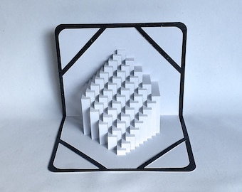 STAIRS To SUCCESS 3D Pop-Up Card Origamic Architecture Cut by Hand in White and Shimmery Metallic Black One Of A Kind