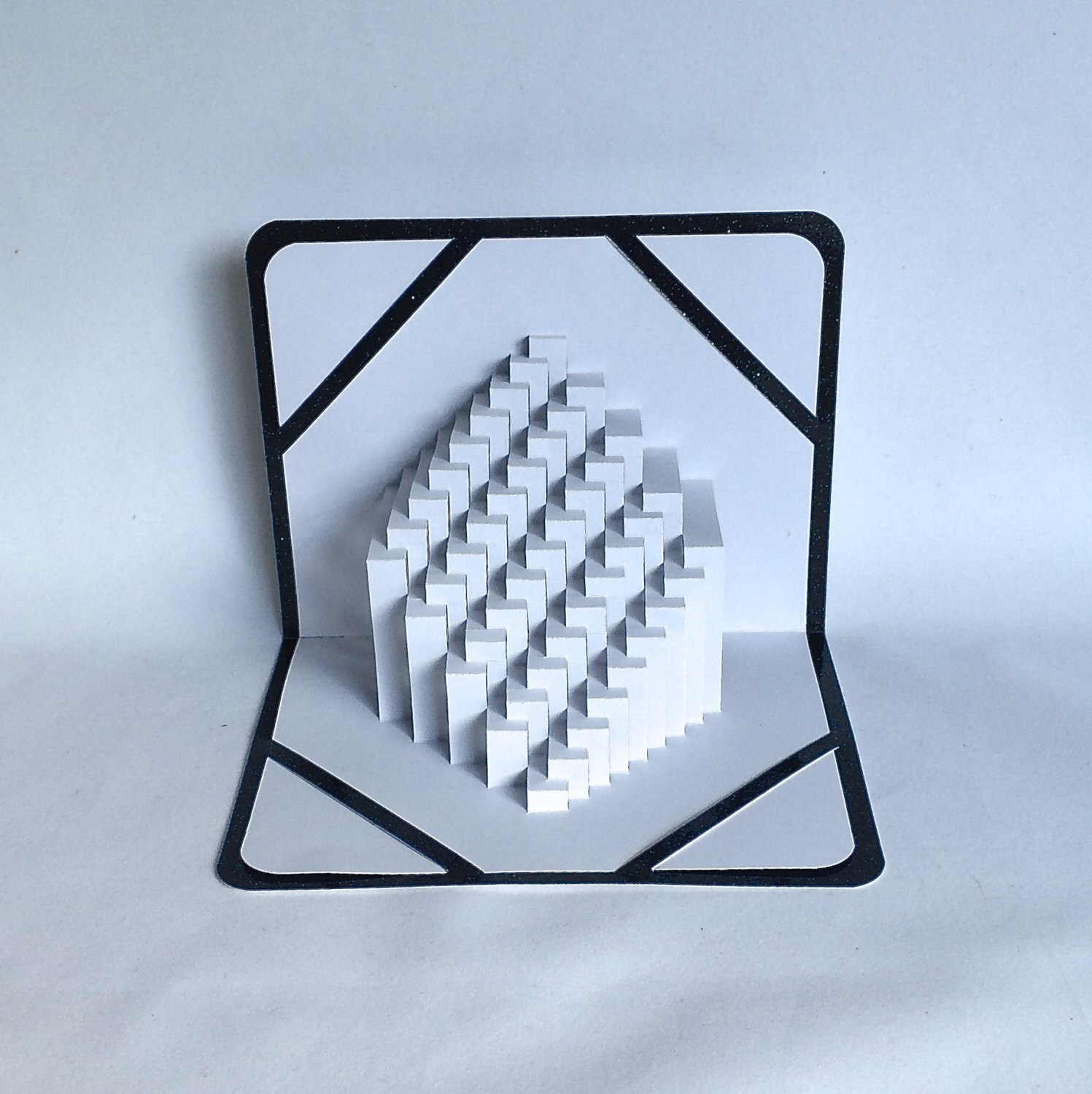 STAIRS To SUCCESS 3D Pop-Up Card Origamic Architecture Cut by Hand in White and Shimmery Metallic Black One Of A Kind