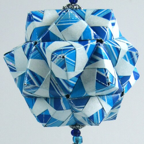 FATHER'S DAY shops GIFT 3d Modular Origami Handmade Ornament With Four Geometric Modules in Blue white silver on Metal Ornament Stand OOaK