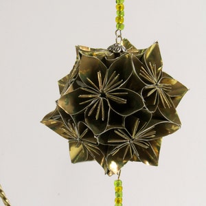 CHRISTMAS Gift STAR Kusudama Modular Origami HANDMADE in Shimmery Gold Metallic Paper, Displayed on Metal Ornament Stand OOaK image 5