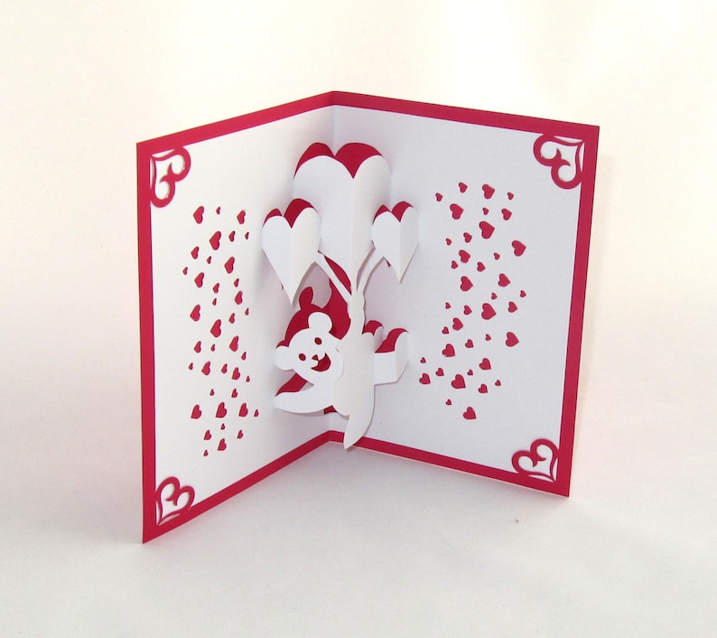 Pop Up VALENTINES Day Card I LOVE You BEARY Much Handmade Hand-cut in White and Metallic Red . One Of A Kind image 2