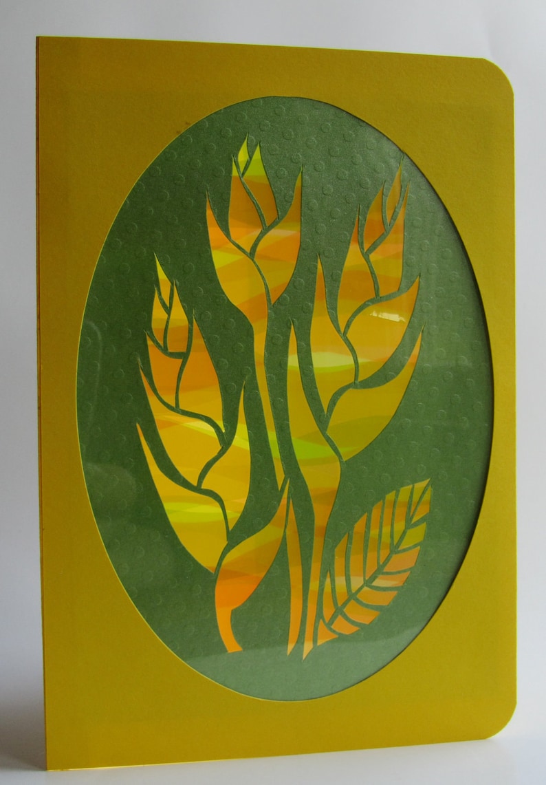 Bird of Paradise GREETING Card w/SILHOUETTE Cutout Original Design Home Décor Handmade Cut Out in Bright Yellow and Green One Of A Kind immagine 2