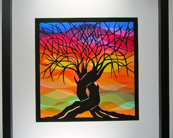 2 Trees Of Life As One Home Décor Wall Art Silhouette Paper Cutout, Rainbow Colors as Background Original Handmade Design Framed Signed OOAK