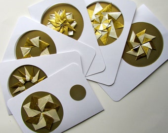 6 HOLIDAY Greeting Cards Contain DETACHABLE ORNAMENTS, Handmade as Stars/ Wreaths in Shimmery Metallic Gold and White on Gold. One Of A Kind