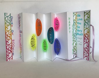 B-DAY Greeting CARD ORIGINAL Pop-Up Accordion Design CUSToM ORDeR w/Hard Cover Handmade w/NeON COLoRS Purple Orange Green Yellow Pink OOaK