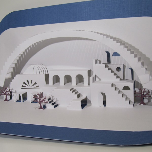 MEDITERRANEAN 3D Pop Up Scenery of  a VILLAGe under a Bridge in White and Blue ORIGINAL Origamic Architecture Model Home Décor. OOaK