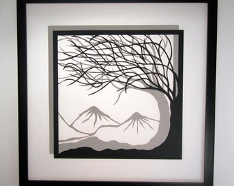 1st ANNIVERSARY TREEs Of LIFE ORIGiNAL DESiGN Silhouette Paper Cut w/Two Layers of Black and Gray.. Handmade Framed Signed SOLD 2 P OOaK