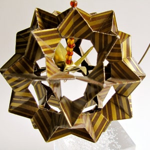 Ornament Home Décor 3D Modular Origami Made Of Gold and Brown Stripes Washi Paper Displayed on an Ornament Stand OOAK image 2