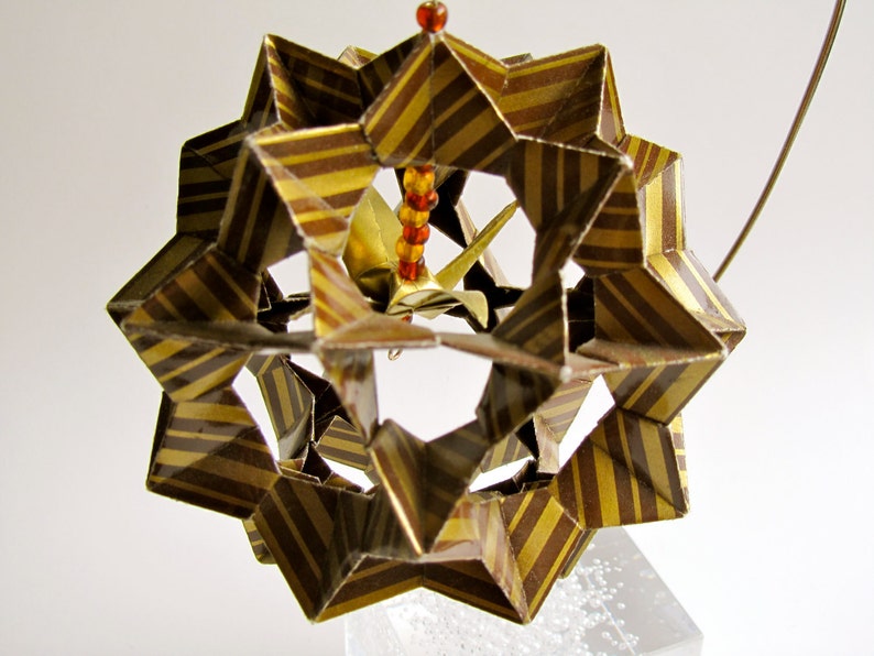 Ornament Home Décor 3D Modular Origami Made Of Gold and Brown Stripes Washi Paper Displayed on an Ornament Stand OOAK image 2