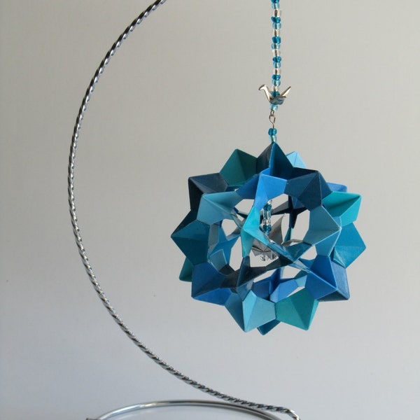 Ornament Decoration Home Décor 3D Modular Origami Handmade in Blue Shades on Silver Metal Ornament Stand One Of A Kind OOAK