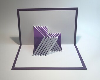 3D POP UP CARD of Geometric Lines in Opposite Directions With Intricate Cuts of Origamic Architecture Principles in Purple and White OOaK