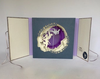 ROCK CLIMBER’S 13th BIRTHDAY TUNNeL BOOk CaRD ORIGiNAL DeSIGN w/Hard Binding CUSToM ORDeR Handmade in Bone Beige Grey & Purple One of a Kind