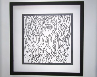 FIRE FLAMES Geometric Abstract Design Silhouette Paper Cut Wall Art Home Décor ORiGiNAL Hand-Cut Handmade in Metallic Black FRAMEd OOAK