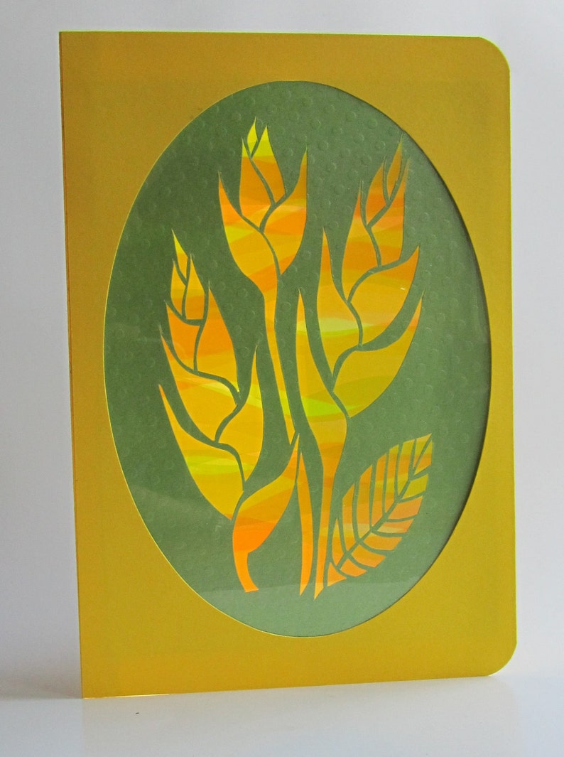 Bird of Paradise GREETING Card w/SILHOUETTE Cutout Original Design Home Décor Handmade Cut Out in Bright Yellow and Green One Of A Kind immagine 4