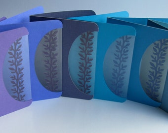 GREETING Cards (6) Handmade ORIGINAL DESIGN W/ Branch Insert Cutout Sandwiched in Clear Transparent in Blue and Purple Shades One of a Kind.