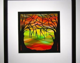 TREES Of LIFE Silhouette Paper Cut Original Design With Yellow Orange Green Red Transparent Background Handmade Framed SIGNED One Of A Kind