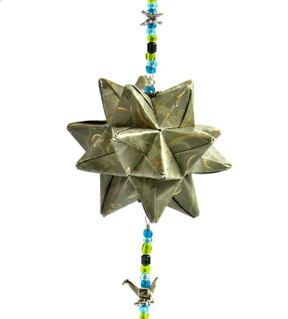 Birthday Gift Ornament Home Décor Modular 3d Origami Star Ball Handmade In Silver Gray Paper Embossed With Gold On An Ornament Stand Ooak