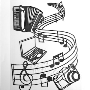 May include: Black and white paper cut-out art depicting a musical staff with notes, an accordion, a laptop, a camera, and a treble clef. The text "Dear Ziv Happy 40th" is written on the staff.