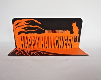 HAPPY HALLOWEEN 3D Pop-Up Card in Orange & Black w/Cat on a Fence and a Tree. Home Décor Handmade Original Design One Of A Kind