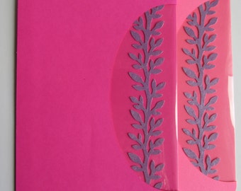 FIGHT CANCER 2 x Cards or Event Invitations Handmade with a Silhouette Cutout Insert of a Branch w/Leaves in Pink Shades OOAK