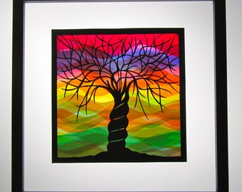 2 Trees Of Life As One Home Décor Wall Art Silhouette Paper Cutout, Rainbow Colors as Background Original Handmade Design Framed Signed OOAK