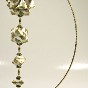 ORNAMENT CHRISTMAS GIFT 3d Modular Origami Handmade w/Geometric Modules in Metallic Shimmery Gold on Metal Ornament Stand OOaK