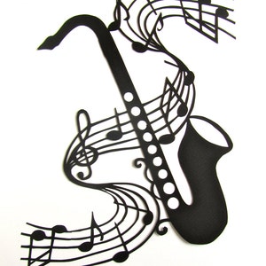 Saxophone and Music Notes GRADUATION Gift Black Silhouette Paper Cut 4 Music Lovers Wall and Home Décor Handmade Framed One Of A Kind image 4