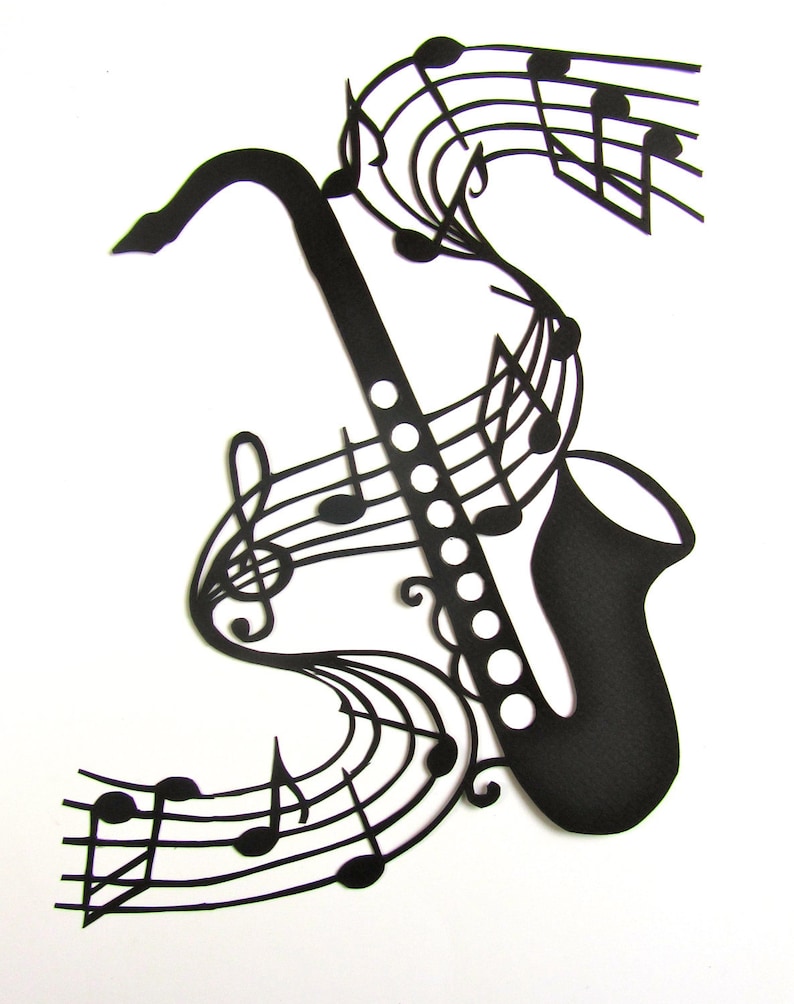 Saxophone and Music Notes GRADUATION Gift Black Silhouette Paper Cut 4 Music Lovers Wall and Home Décor Handmade Framed One Of A Kind image 4