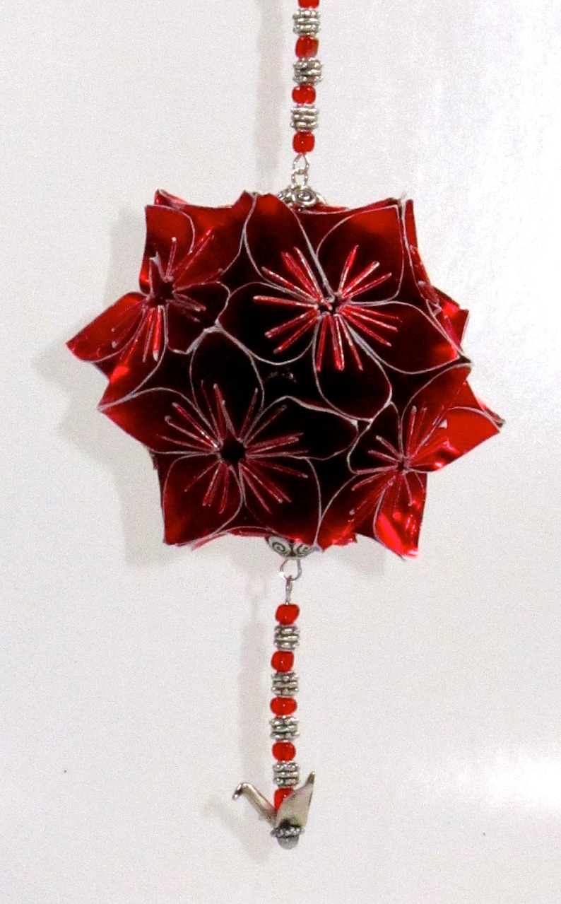 VALENTINE'S GiFT ORNAMENT Decoration Handmade Modular Origami Kusudama Home Décor in Bright Red Paper, on Ornament Stand One Of A Kind image 2