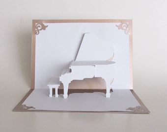 GRAND PIANO 3D Pop Up Card Origamic Architecture Home Decoration  Handmade Handcut in White and Bright Metallic Light Antique Pink OoAK.