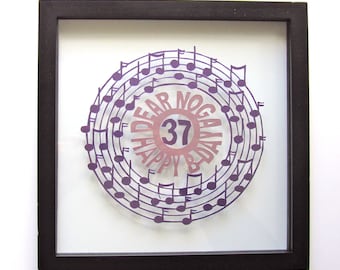 HAPPY BIRTHDaY Gift w/MUSIC NOTES Silhouette Paper Cut in Purple and Mauve Pink Handmade, ORIGINaL Design Wall Art Home Décor Framed OOaK