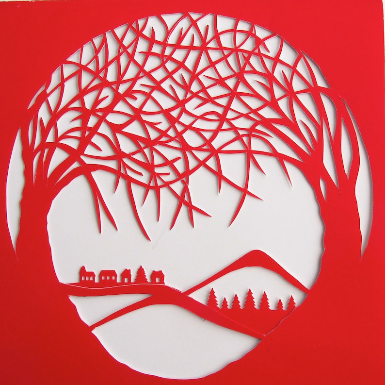 VALENTINES DAY Gift 2 Trees Of Life RED Silhouette Paper Cut Wall and Home Décor, Original Design SIGNeD Symbolic Art, Hand Cut OoAK image 3